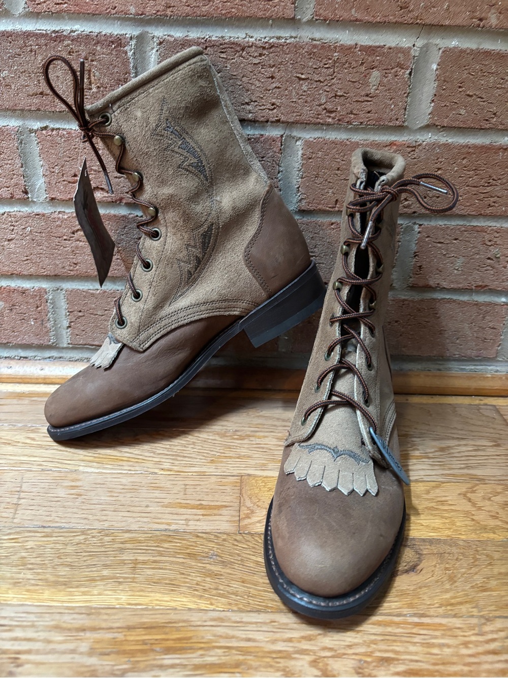 Laredo Western Boots 7.5M Tan Brown Leather Suede Fringe Lace-Up NWT